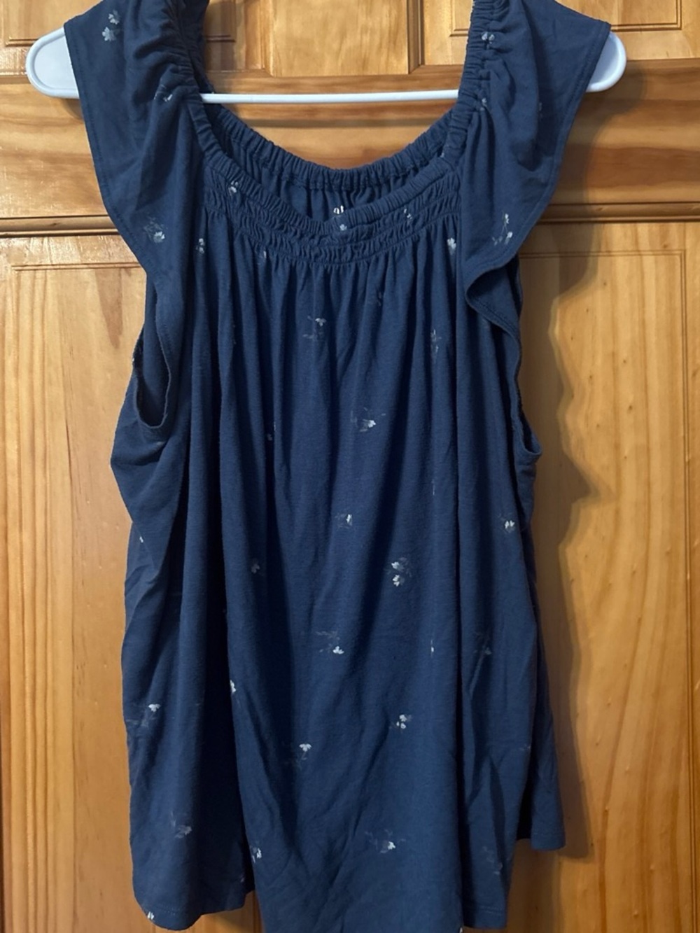 a.n.a Navy Short Sleeve Smocked-Neck Tee with Tiny White Dots